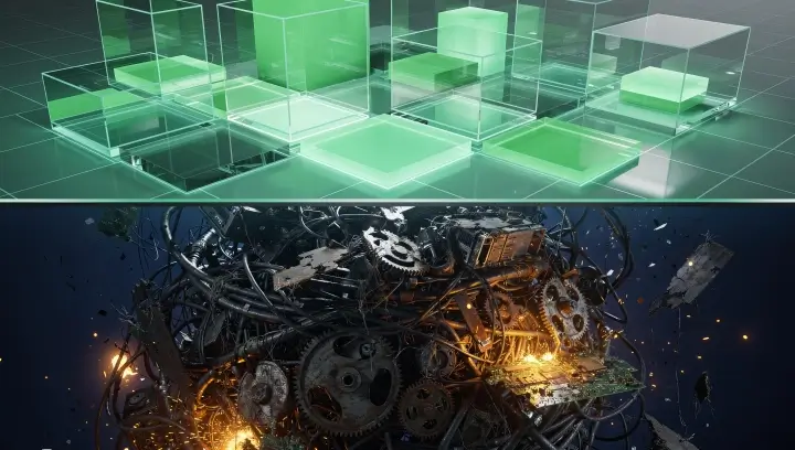 Metáfora visual da dívida técnica: uma interface limpa na superfície escondendo um caos de infraestrutura