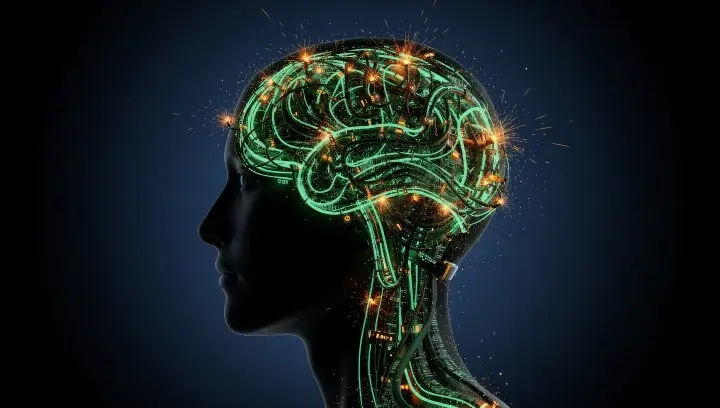 Representação abstrata de sobrecarga e fricção cognitiva no cérebro do utilizador durante a navegação