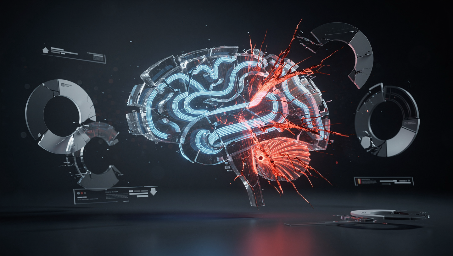 Cérebro humano fragmentando-se sob sobrecarga cognitiva digital, com fissuras vermelhas indicando estresse fisiológico