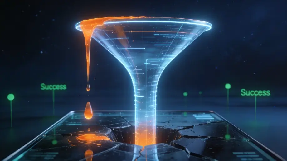 Funil digital vazando fluido laranja, simbolizando desperdício financeiro de Google Ads