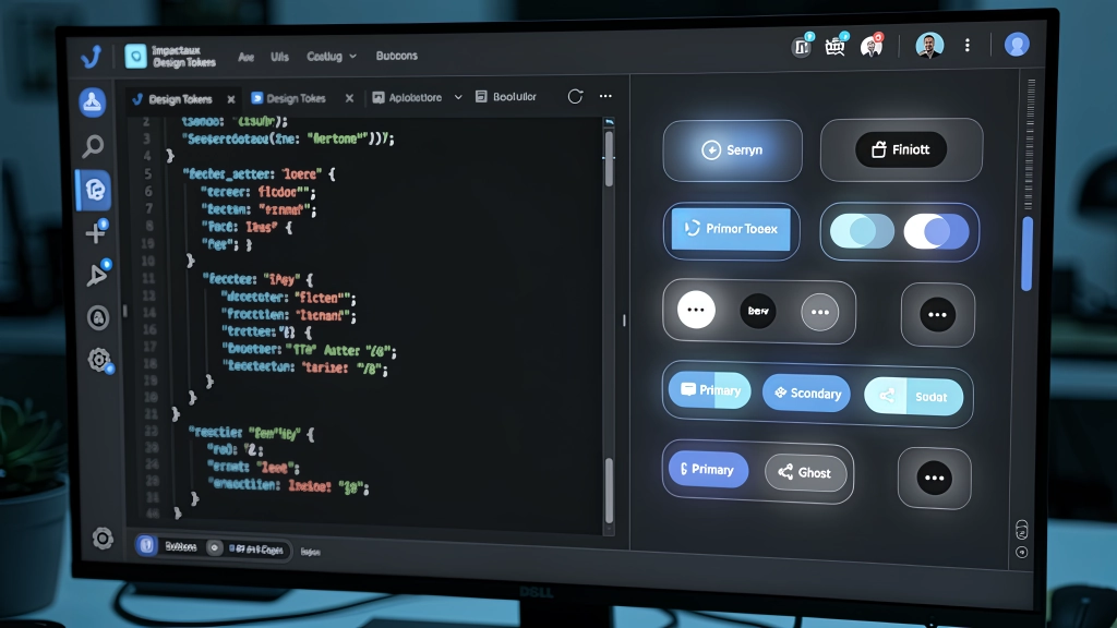 Detalhe técnico de Tokens de Design System e Componentes conectados ao código