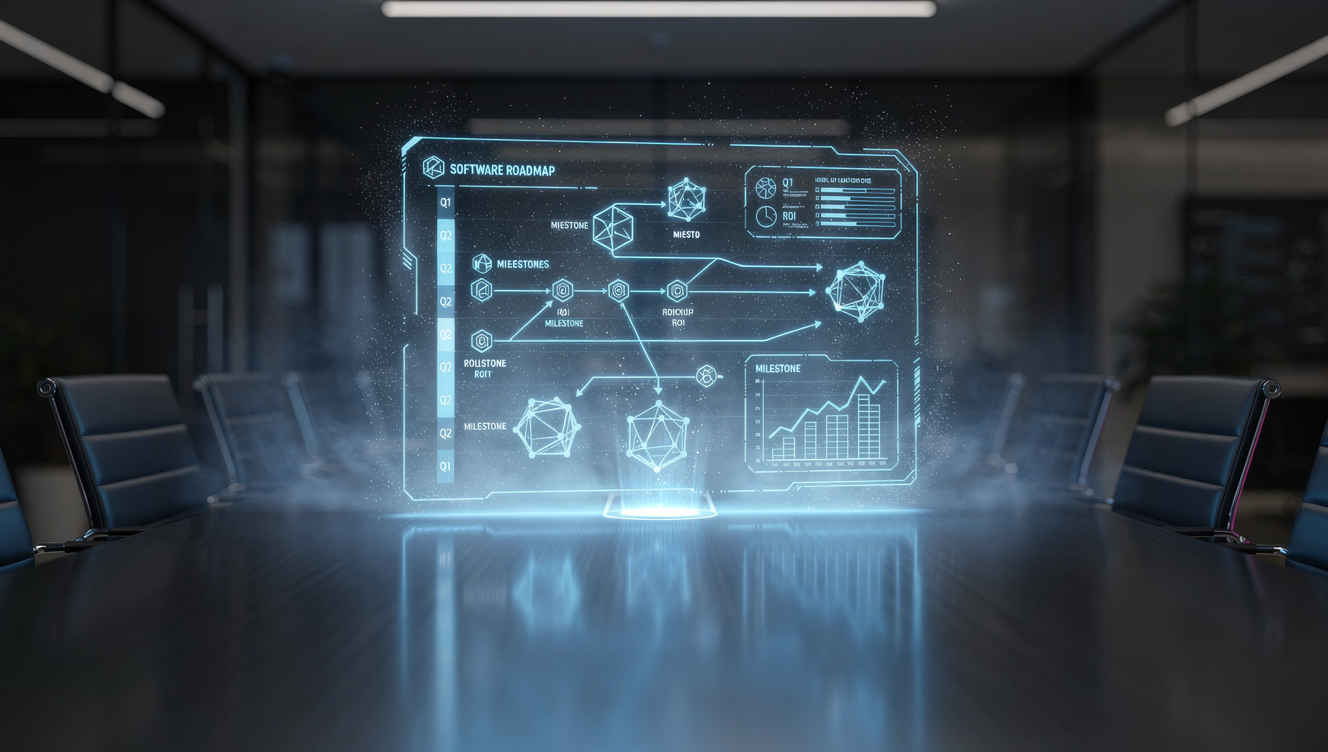 Mesa de governança com roadmap holográfico