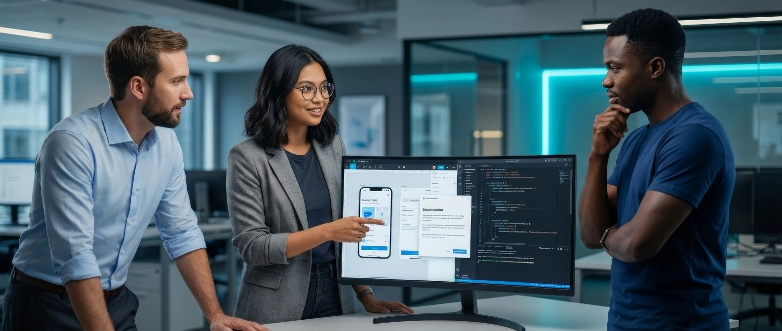 Trio de Design Ops e Engenharia validando especificações técnicas com foco na marca