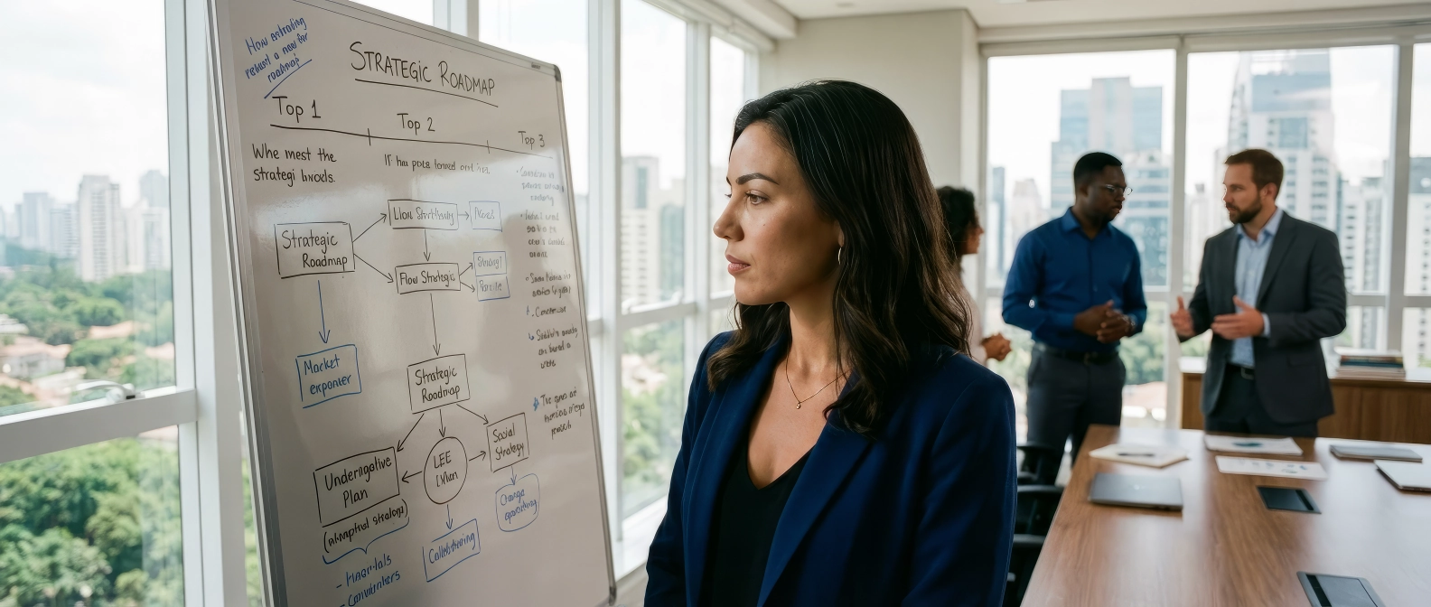 Reunião estratégica de alinhamento de roadmap em escritório corporativo